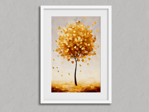 Golden Canopy – Minimalist Autumn Tree Wall Art in a white frame with a mount