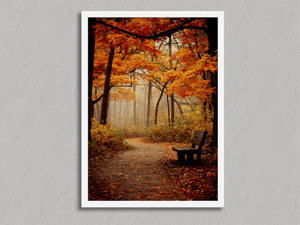 Golden Canopy Walk – Autumn Forest Wall Art in a white frame, no mount
