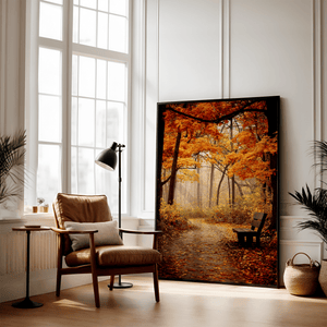Autumn forest wall art styled in a calm neutral interior