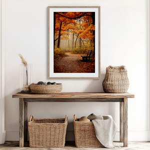 Framed wall art of a golden autumn forest path with light filtering through the trees. A serene woodland print. Ready to hang.