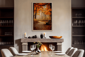 Autumn forest wall art styled in a calm neutral interior