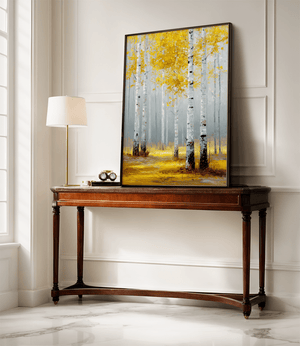 Golden aspen forest wall art styled in a calm neutral interior