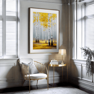 Golden aspen forest wall art styled in a calm neutral interior