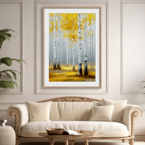 Framed wall art of golden aspen trees in a soft autumn forest. Minimalist and calming. Ready to hang.