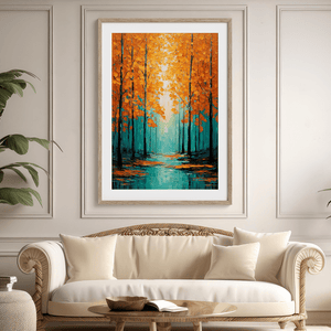 Framed wall art with falling golden leaves and soft minimal tones. A calm, seasonal piece ready to hang.