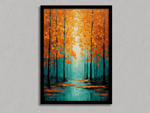 Framed orange and teal autumn forest print by Atelier Lumin