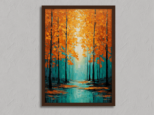 Framed orange and teal autumn forest print by Atelier Lumin
