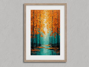 Framed orange and teal autumn forest print by Atelier Lumin