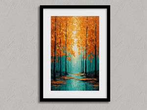 Framed minimalist autumn wall art print with orange trees and teal light