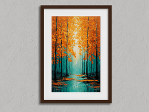 Framed orange and teal autumn forest print by Atelier Lumin