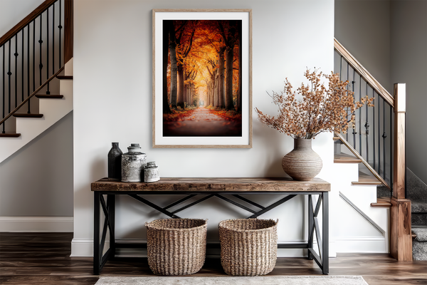 Framed wall art of a tree-lined autumn path beneath golden leaves. A nostalgic woodland print in warm light. Ready to hang.