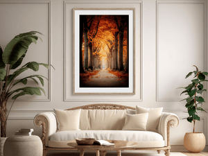 Tree-lined autumn wall art styled in a calm neutral interior