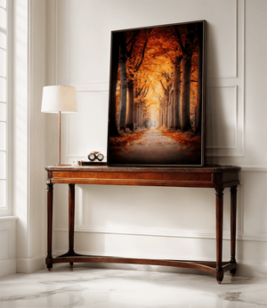 Tree-lined autumn wall art styled in a calm neutral interior