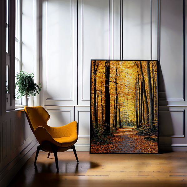 Framed wall art of a golden autumn forest path bathed in amber light. A tranquil seasonal woodland print. Ready to hang.