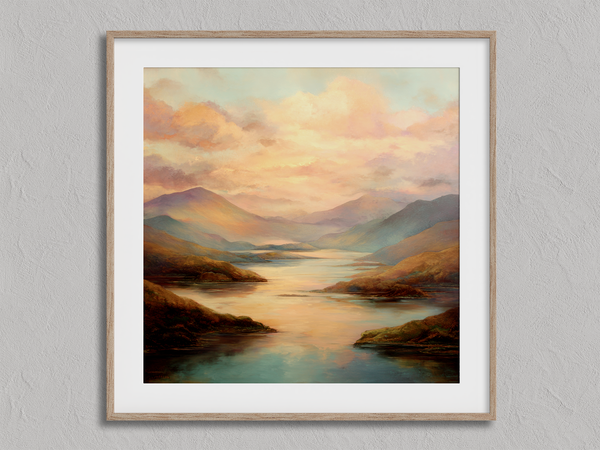 Framed wall art of a golden lake and hills at dusk. A tranquil painterly landscape print that brings warmth and peace. Ready to hang.