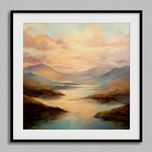 Framed wall art of a golden lake and hills at dusk. A tranquil painterly landscape print that brings warmth and peace. Ready to hang.