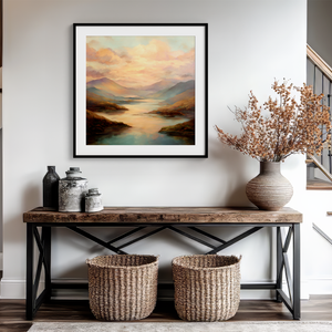 Framed wall art of a golden lake and hills at dusk. A tranquil painterly landscape print that brings warmth and peace. Ready to hang.