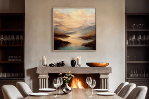 Golden lake landscape wall art styled in a calm neutral interior
