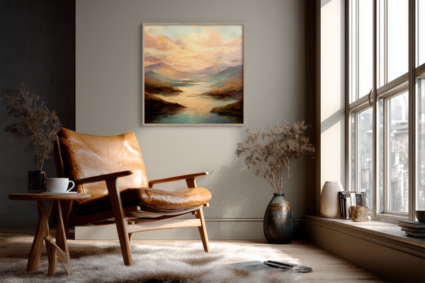 Framed wall art of a golden lake and hills at dusk. A tranquil painterly landscape print that brings warmth and peace. Ready to hang.