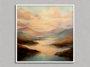 Golden Reflection – Lake Landscape Wall Art Print in a white frame, no mount