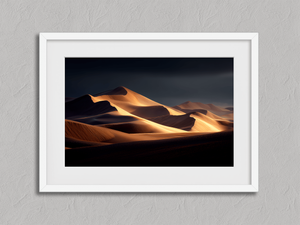 Golden Silence – Desert Dunes Wall Art Print in a white frame with a mount