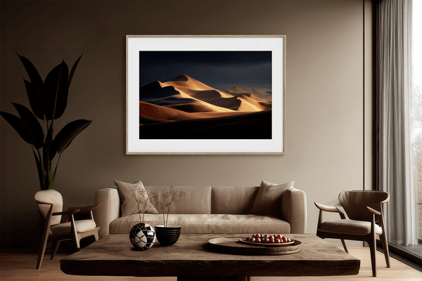 Framed desert wall art of glowing dunes at sunset. A fine art print capturing solitude, contrast, and the quiet beauty of golden light.