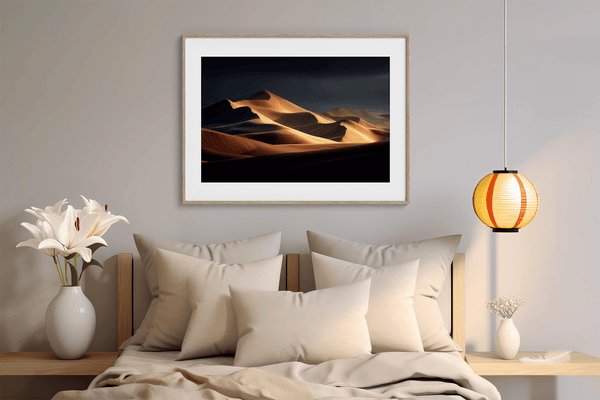 Framed desert wall art of glowing dunes at sunset. A fine art print capturing solitude, contrast, and the quiet beauty of golden light.