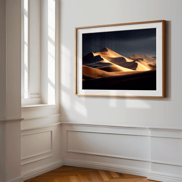 Framed desert wall art of glowing dunes at sunset. A fine art print capturing solitude, contrast, and the quiet beauty of golden light.
