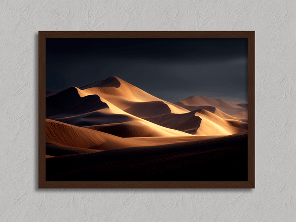 Framed desert wall art of glowing dunes at sunset. A fine art print capturing solitude, contrast, and the quiet beauty of golden light.