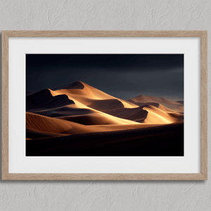 Framed desert wall art of glowing dunes at sunset. A fine art print capturing solitude, contrast, and the quiet beauty of golden light.