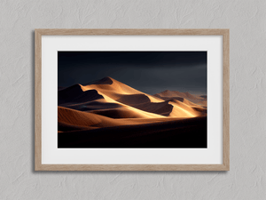 Framed desert dunes wall art print with amber sunset light and deep shadows