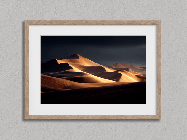 Framed desert wall art of glowing dunes at sunset. A fine art print capturing solitude, contrast, and the quiet beauty of golden light.