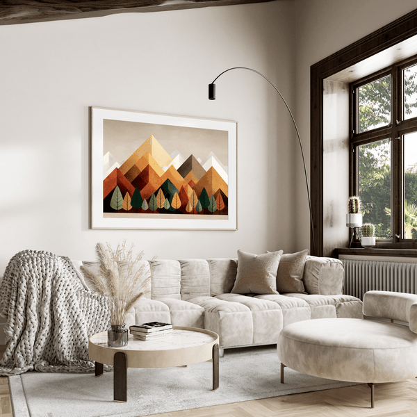 Framed wall art of geometric hills and summer tones. Bold and warm, this print brings energy and rhythm. Ready to hang.