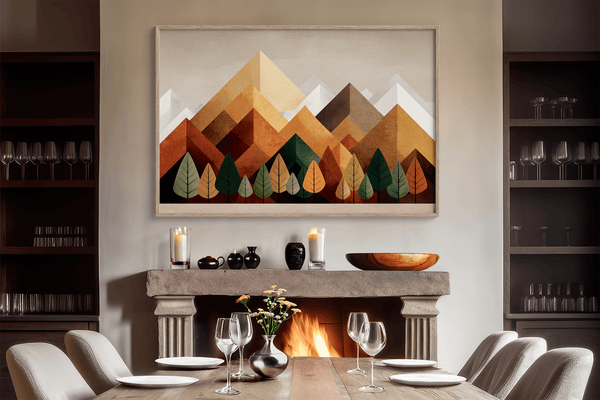 Framed wall art of geometric hills and summer tones. Bold and warm, this print brings energy and rhythm. Ready to hang.
