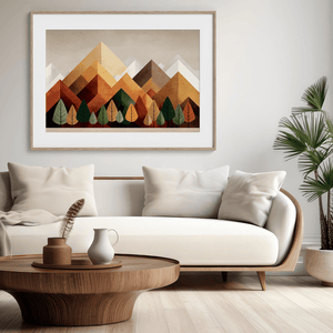Framed wall art of geometric hills and summer tones. Bold and warm, this print brings energy and rhythm. Ready to hang.