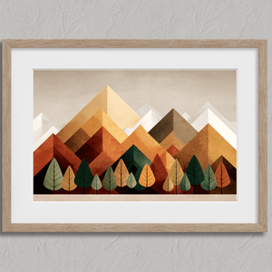 Framed wall art of geometric hills and summer tones. Bold and warm, this print brings energy and rhythm. Ready to hang.