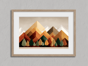 Framed geometric landscape wall art print in terracotta amber ochre and green tones