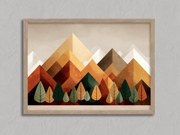 Framed wall art of geometric hills and summer tones. Bold and warm, this print brings energy and rhythm. Ready to hang.