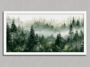Greenwood Haze – Misty Forest Wall Art Print in a white frame, no mount