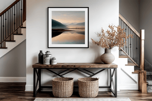 Misty river at dusk wall art styled in a calm neutral interior