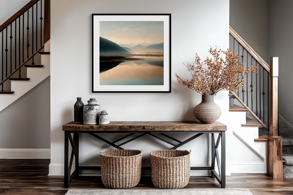 Framed wall art of a misty morning river winding through soft-hued mountains. A tranquil landscape print. Ready to hang.