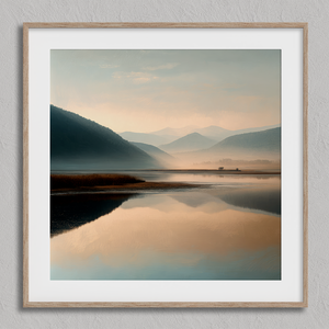 Framed wall art of a misty morning river winding through soft-hued mountains. A tranquil landscape print. Ready to hang.