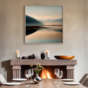 Framed wall art of a misty morning river winding through soft-hued mountains. A tranquil landscape print. Ready to hang.