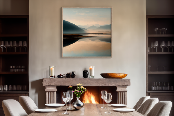 Framed wall art of a misty morning river winding through soft-hued mountains. A tranquil landscape print. Ready to hang.