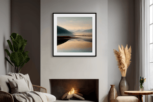 Misty river at dusk wall art styled in a calm neutral interior