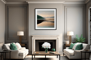 Misty river at dusk wall art styled in a calm neutral interior