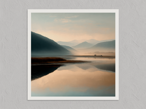 Hushed Valley – Misty River at Dusk Wall Art Print, unframed print with a white border