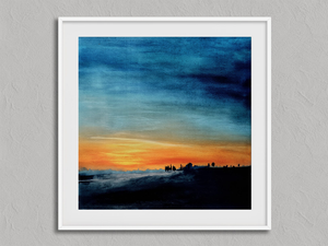 Last Light Beyond The Fields – Abstract Sunset Wall Art Print in a white frame with a mount