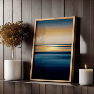 Abstract ocean sunset wall art styled in a calm neutral interior
