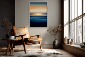 Abstract ocean sunset wall art styled in a calm neutral interior